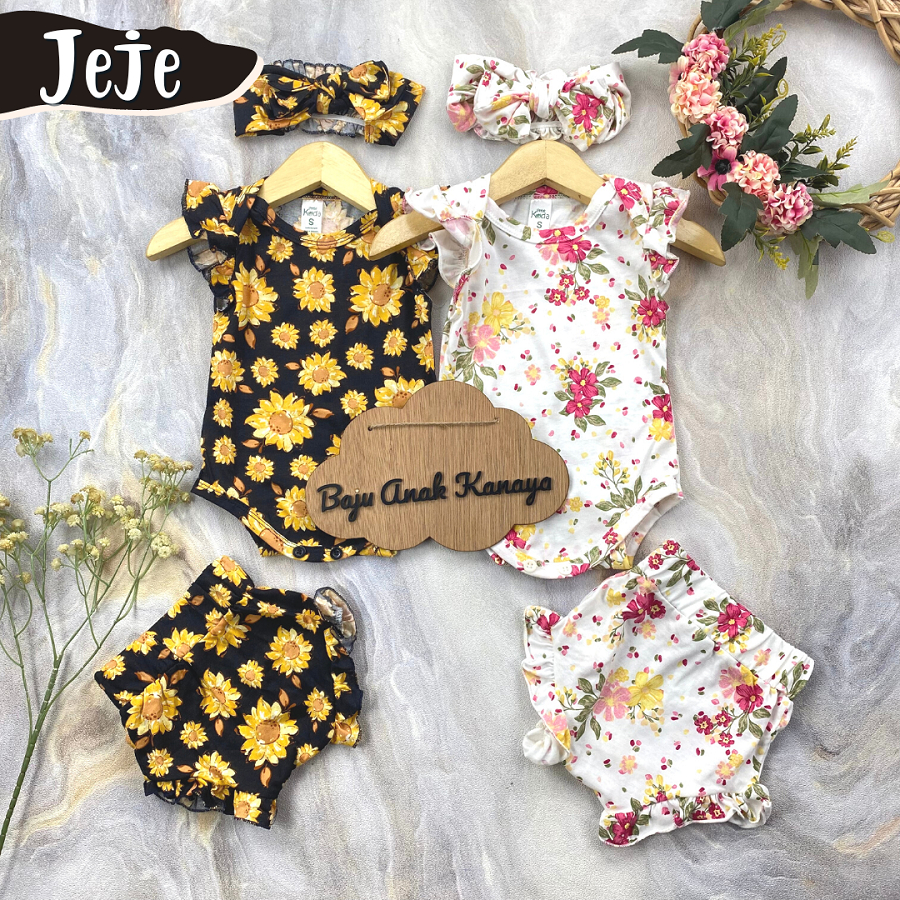 3-15 BLN SETELAN BAYI JEJE ROMPER BAYI INCLUDE HEADBAND by LITTLE KODA (3 IN 1 SET) (SNI)