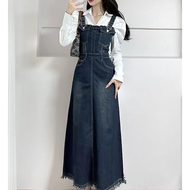 [Korean Series] Set Two Piece Suit : Overall Jeans Denim with Suspender + White Shirt ( Overall Denim Rawis + Kemeja Putih )