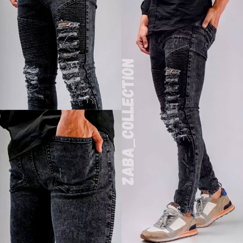 Bikers Rider Ripped - Celana Jeans Pria Sobek Lutut Ripped - Jeans Celana Panjang Hitam Pria Street - Celana Size 27-33