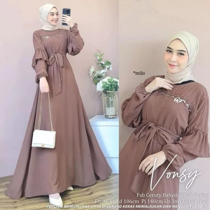 Baju muslim wanita Namira / Vonsy dress / Gamis ceruty polos Mix payet maryam Size M L&amp; XL