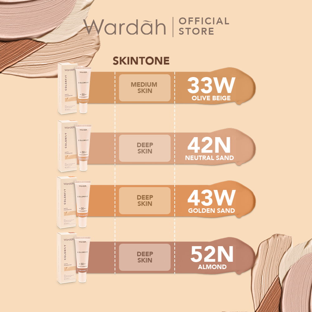 WARDAH Colorfit Matte Foundation Indonesia / Liquid Foundation 25ml / With SkinMatch Technology And Matte Micropowder SPF 30 PA+++ / Covers Imperfections Oil Control Transfer Resistant/ Pink Ivory Neutral Beige Sand Almond / Cosmetic Makeup Face Make Up