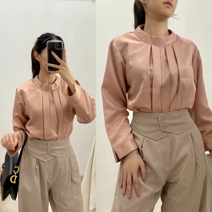 SIBIBASICS - Blouse Satin Wanita Leher Tinggi OOTD Hijab Kekinian Atasan Wanita Korean Style Terbaru