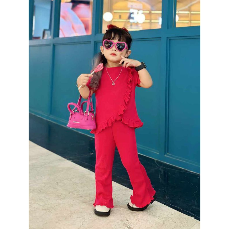 Baju Oneset Anak Perempuan MALIKA Ruffle Set Knit Rib Usia 1-5 Tahun