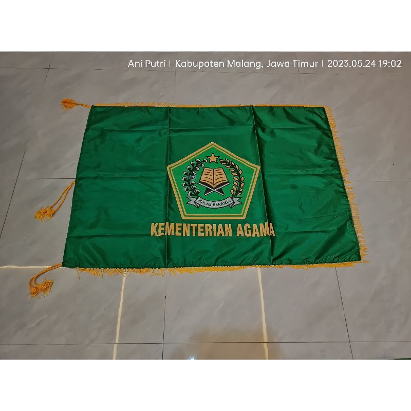 bendera depag. bendera kementrian agama. bendera kemenag. bendera hijau depag rumbai kuning. sablon bolak balik. ukuran besar 120 x 80 cm