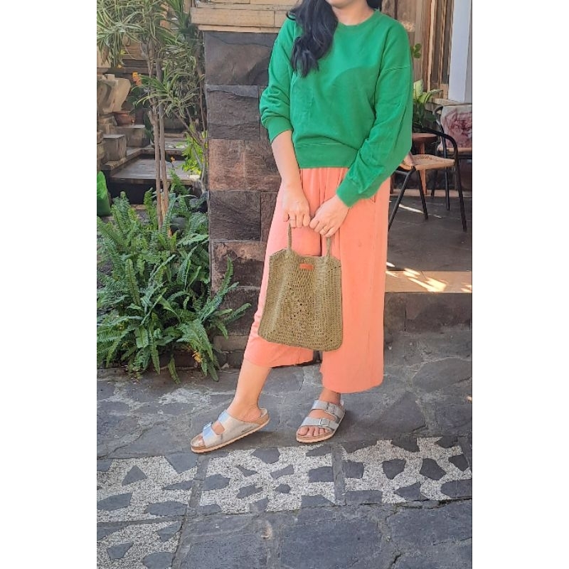 tas rajut granny square, warna hijau lumut