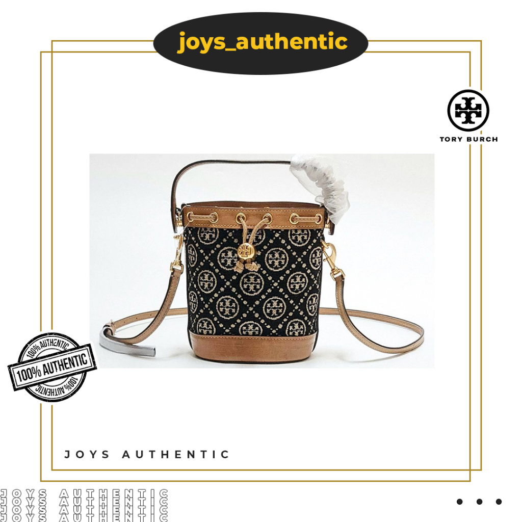 Tas Wanita Tory Burch TB T Monogram Chenille Mini Bucket Hitam Black New Cream Woman Bag Authentic O