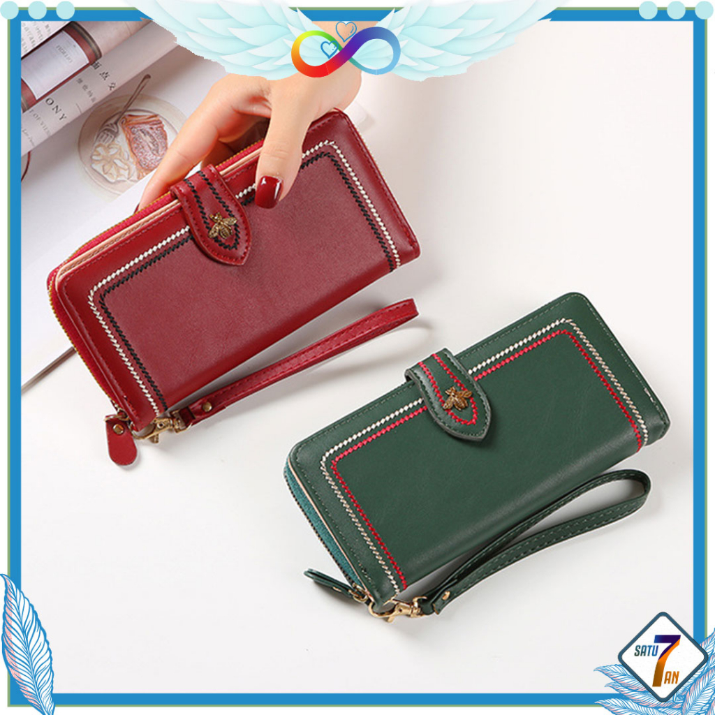 Dompet Panjang Wanita Zipper Multifungsi Fashion Kasual Dompet Tali Pendek Clutch Kulit PU Satu7an D67