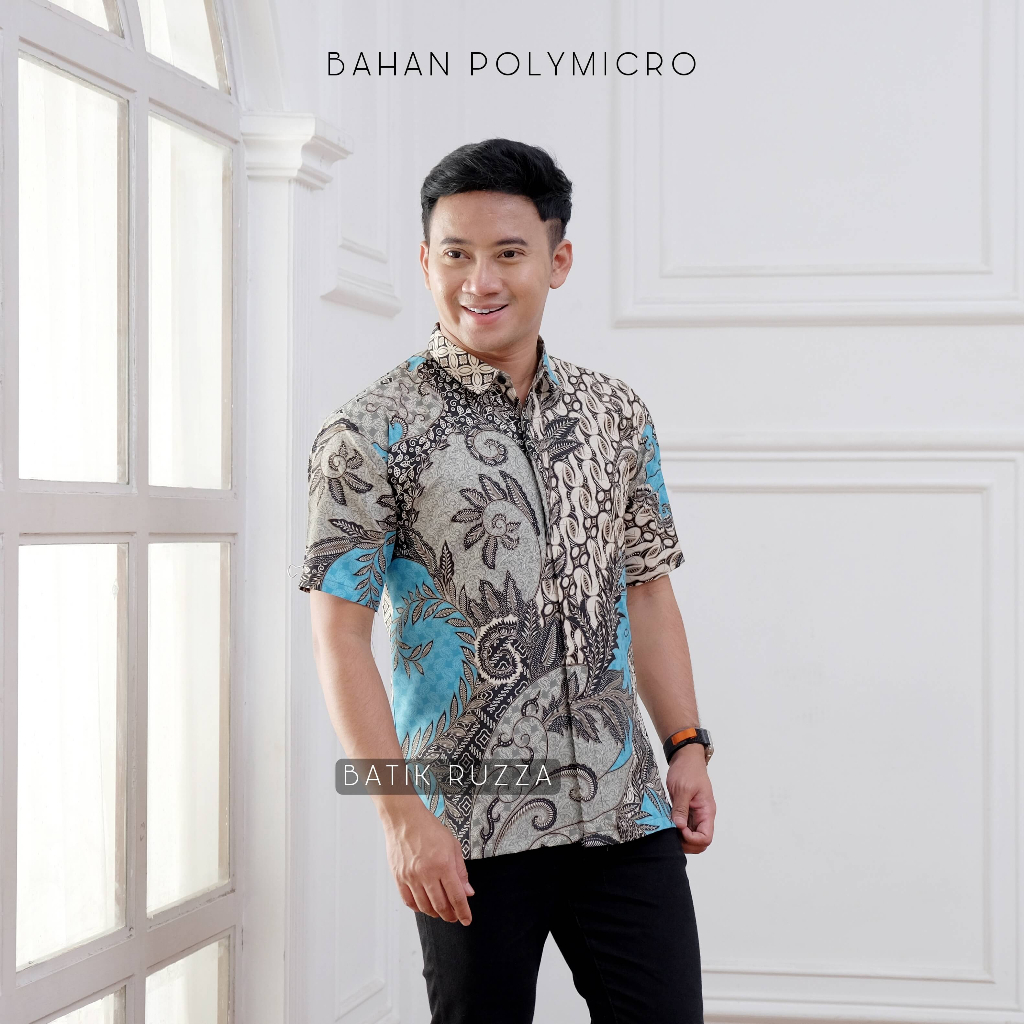 Kemeja Batik Pria Lengan Pendek Motif Manggar Abu Sage Cowok Laki Dewasa Size M L XL XXL RUZZA