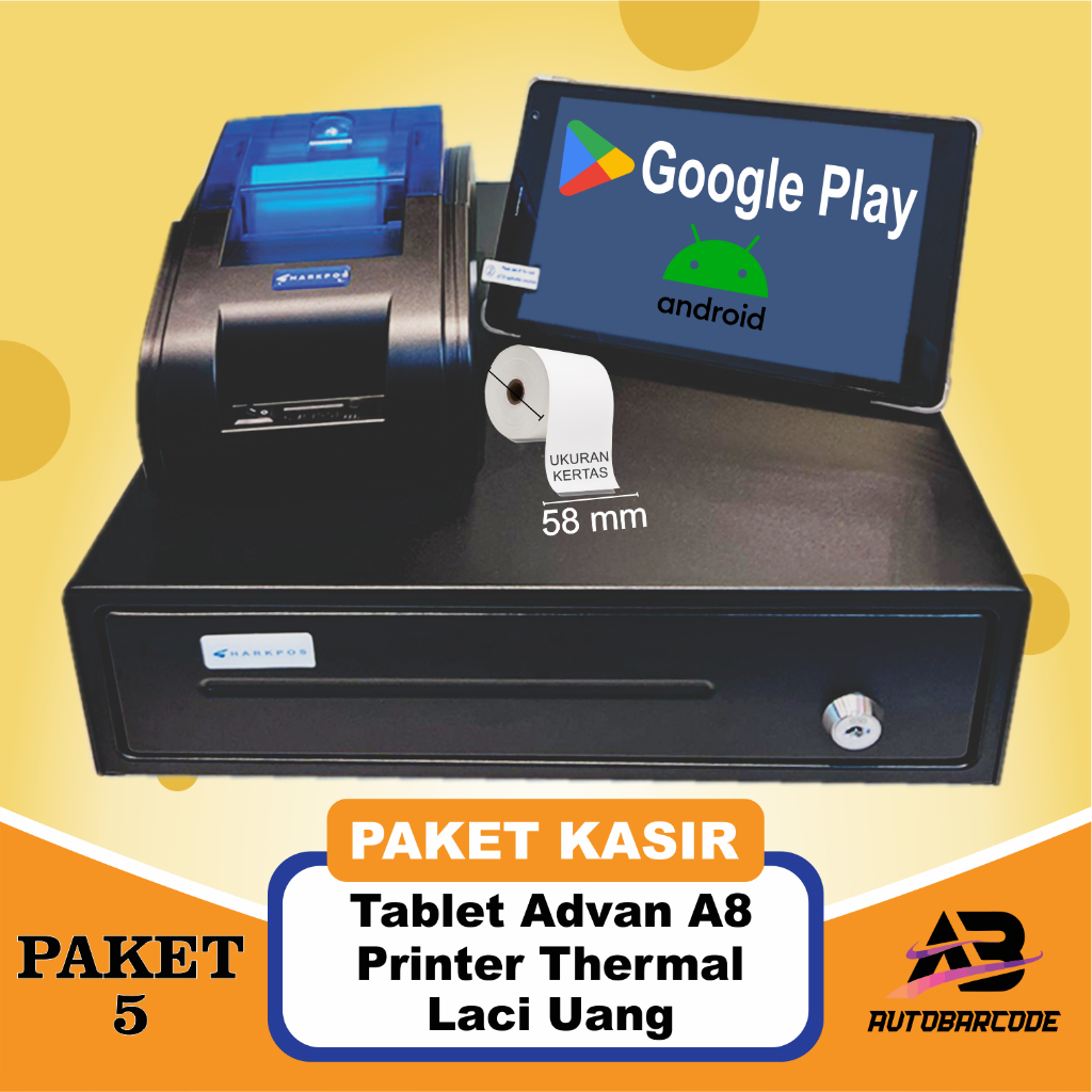 ( PAKET 5 ) Paket Kasir Toko Minimarket Resto / Restoran Usaha Bisnis Tablet Advan Android Bluetooth + Printer Thermal 58MM + Cash Drawer / Laci Uang + Kertas Struk