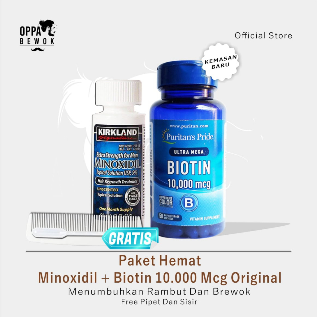 PAKET HEMAT MINOXIDIL DAN BIOTIN 10000 mcg ORIGINAL TERBARU ( penumbuh jambang, brewok, dan rambut)