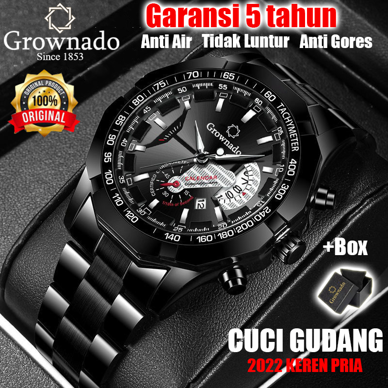 2022 Grownado Jam Tangan Pria Fashion Luxury Full Steel Sport Quartz Business Waterproof Casual Watch（Free BOX+Kartu +Baterai+ Alat + Kain Jam ）