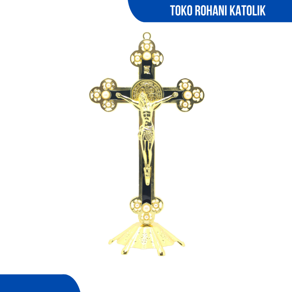 SALIB DUDUK KATOLIK 20 CM (LOGAM-GOLD)/ SALIB BENEDICT / SALIB MEJA / SALIB ALTAR KATOLIK / SALIB BENEDIKTUS