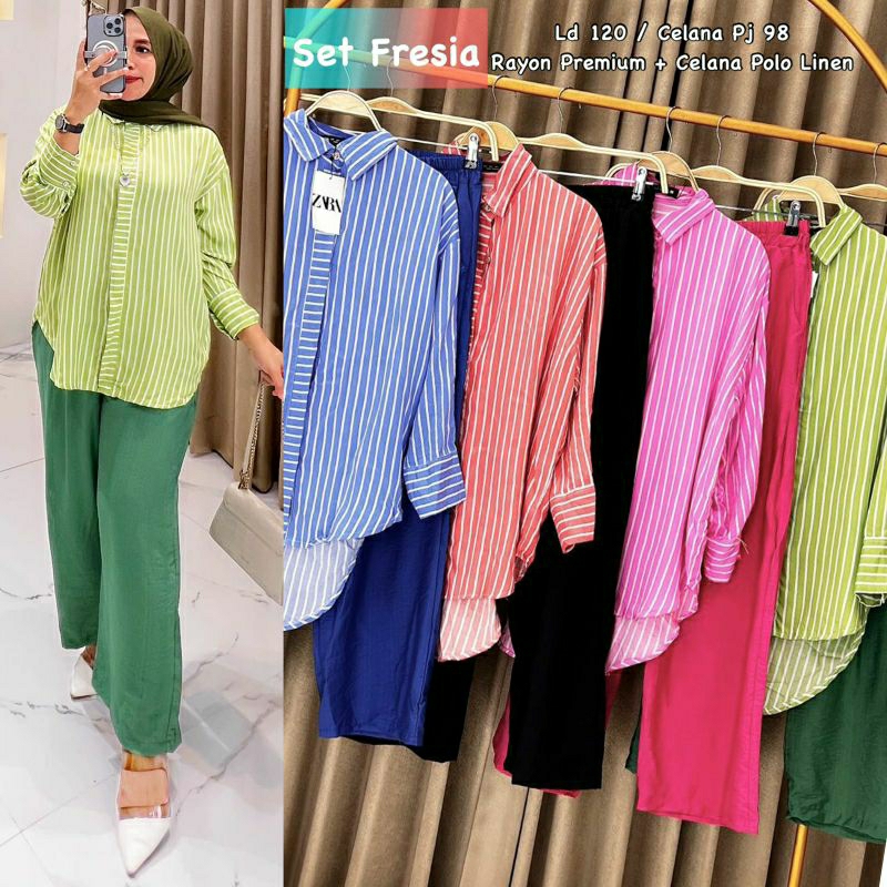Set Fresia//One set Zara//Setcel salur//Setelan celana//Setcel wanita//One set wanita//One set salur