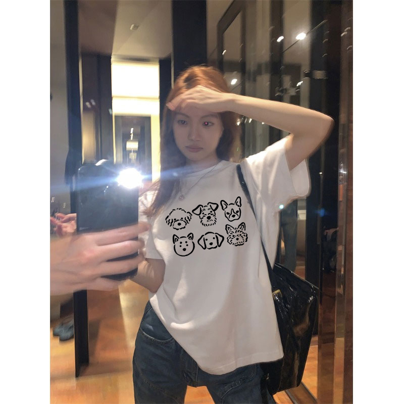 EUNII T-shirt Lengan Pendek Cartoon Hitam Dog Printing Korean Style/Kaos Atasan Wanita/Baju Kaus Oversize Wanita/Kaos Wanita