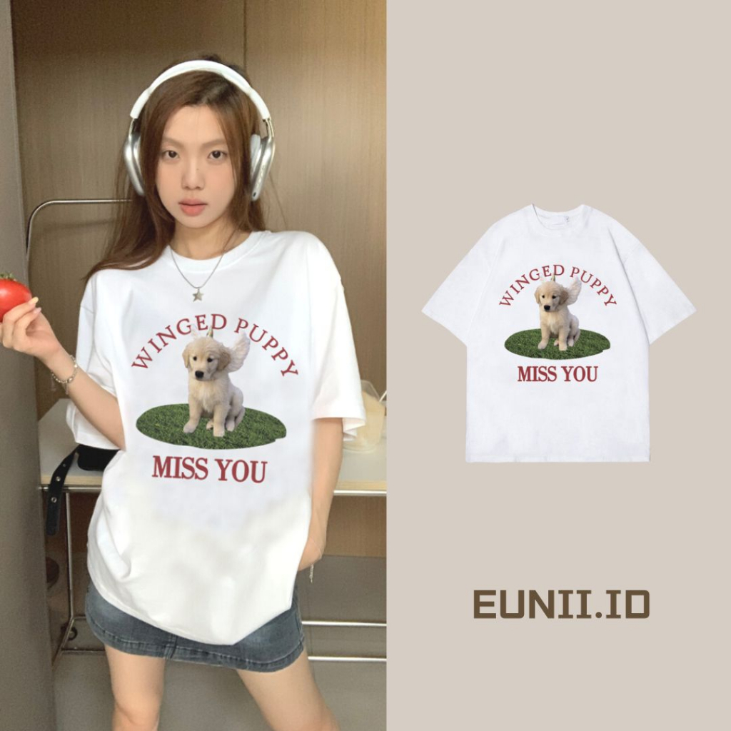 EUNII T-shirt Lengan Pendek Cartoon Winged Puppy Dog Korean Style/Kaos Atasan Wanita/Baju Kaus Oversize Wanita/Kaos Wanita