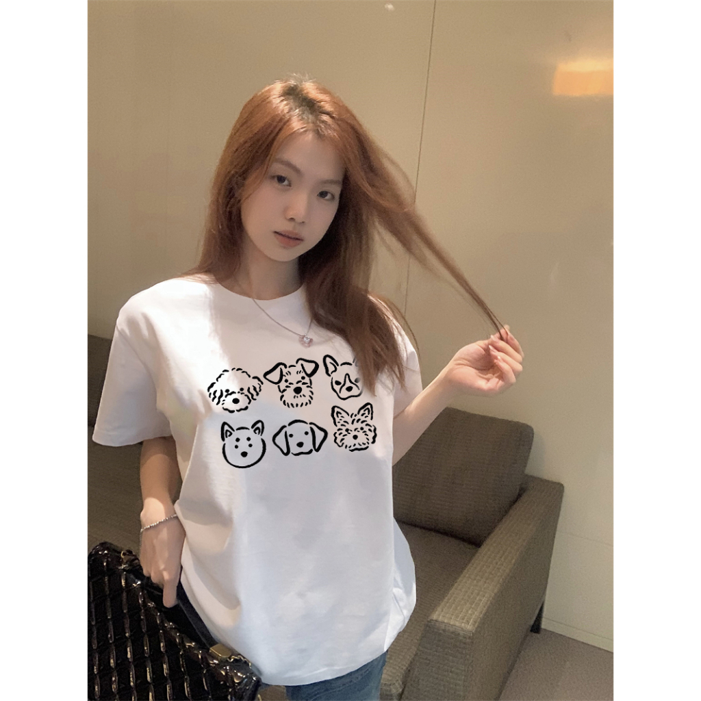 EUNII T-shirt Lengan Pendek Cartoon Hitam Dog Printing Korean Style/Kaos Atasan Wanita/Baju Kaus Oversize Wanita/Kaos Wanita