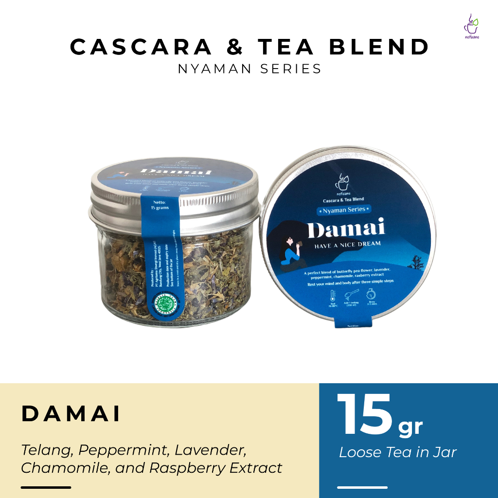 

Netisane Damai (Bunga Telang, Lavender, Peppermint, Chamomile, dan Raspberry Extract) | Netisane Cascara Blend Nyaman Series | Artisan Tea / Teh Herbal | (Loose tea in jar)