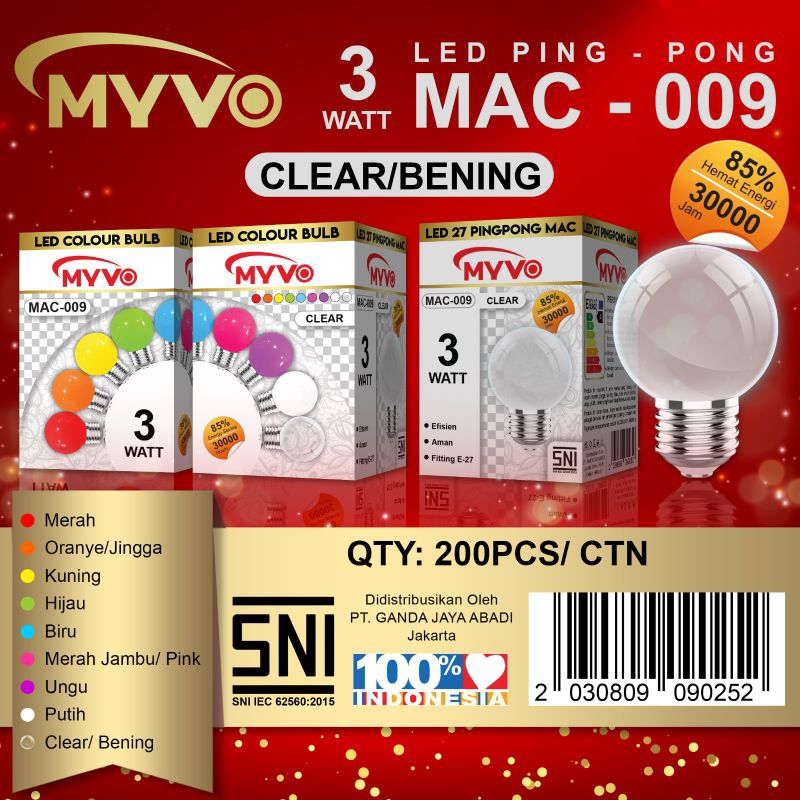 LAMPU LED WARNA WARNI PING PONG MERK MYVO 3 WATT/ LAMPU HIAS PING PONG BAGUS BERKUALITAS