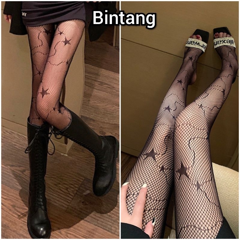 Stoking Net Stocking Celana Pantyhose Wanita Jaring Motif Silang