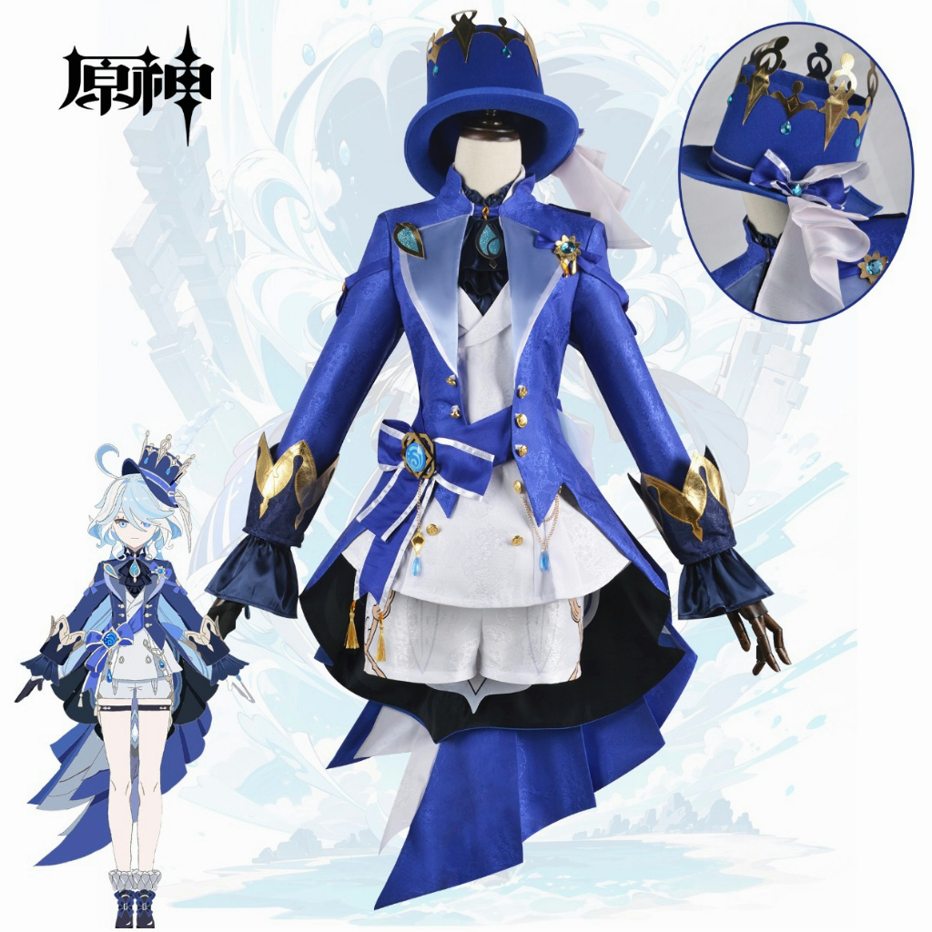 Game Genshin Impact Focalors Cosplay Costume Fontaine God of Justice Blue Pants Uniform Vision Hat Hydro Full Set for Women