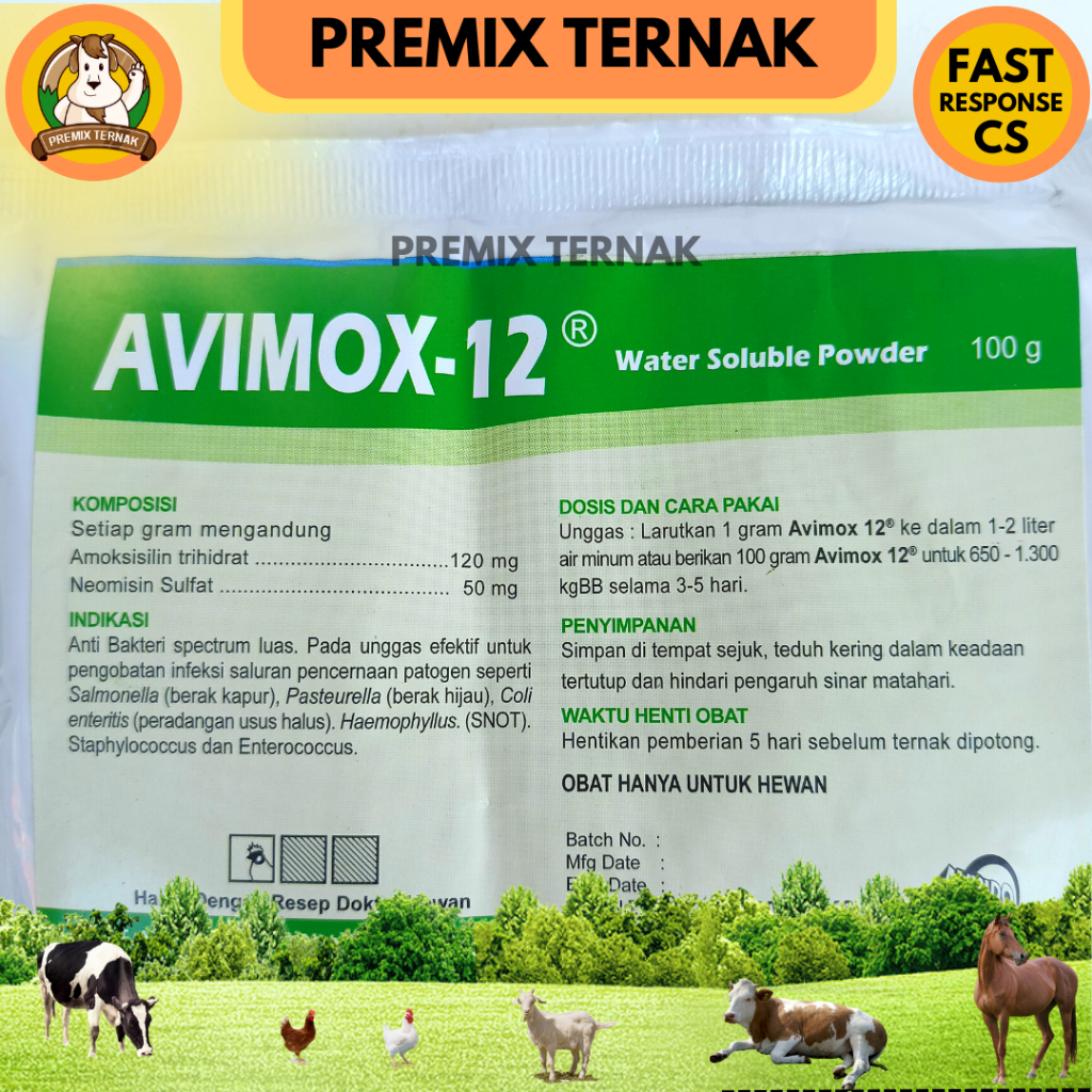 AVIMOX 12 100 GRAM - Obat Snot Coli Berak kapur Berak hijau dan Pencernaan pada unggas lainnya