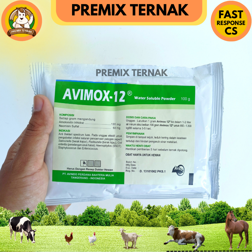 AVIMOX 12 100 GRAM - Obat Snot Coli Berak kapur Berak hijau dan Pencernaan pada unggas lainnya