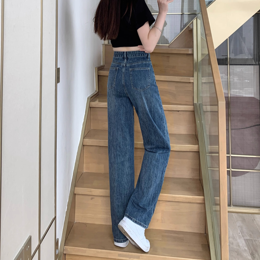 Biru Retro Highwaist Terbaru Boyfriend Celana Jeans Panjang Wanita Kulot