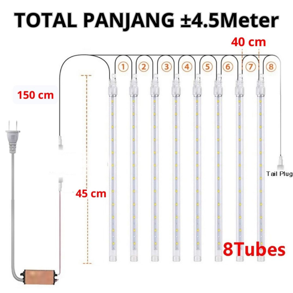 MMM Lampu Meteor LED isi 8 Tabung/45cm 30cm Lampu Meteor Set 8 Tubes 4.5Mtr Rainbow RGB Rain Snow Tongkat Taman Hias 4.3Meter Meteor Anti Air Dekorasi Pesta Natal Taman Outdoor Indor