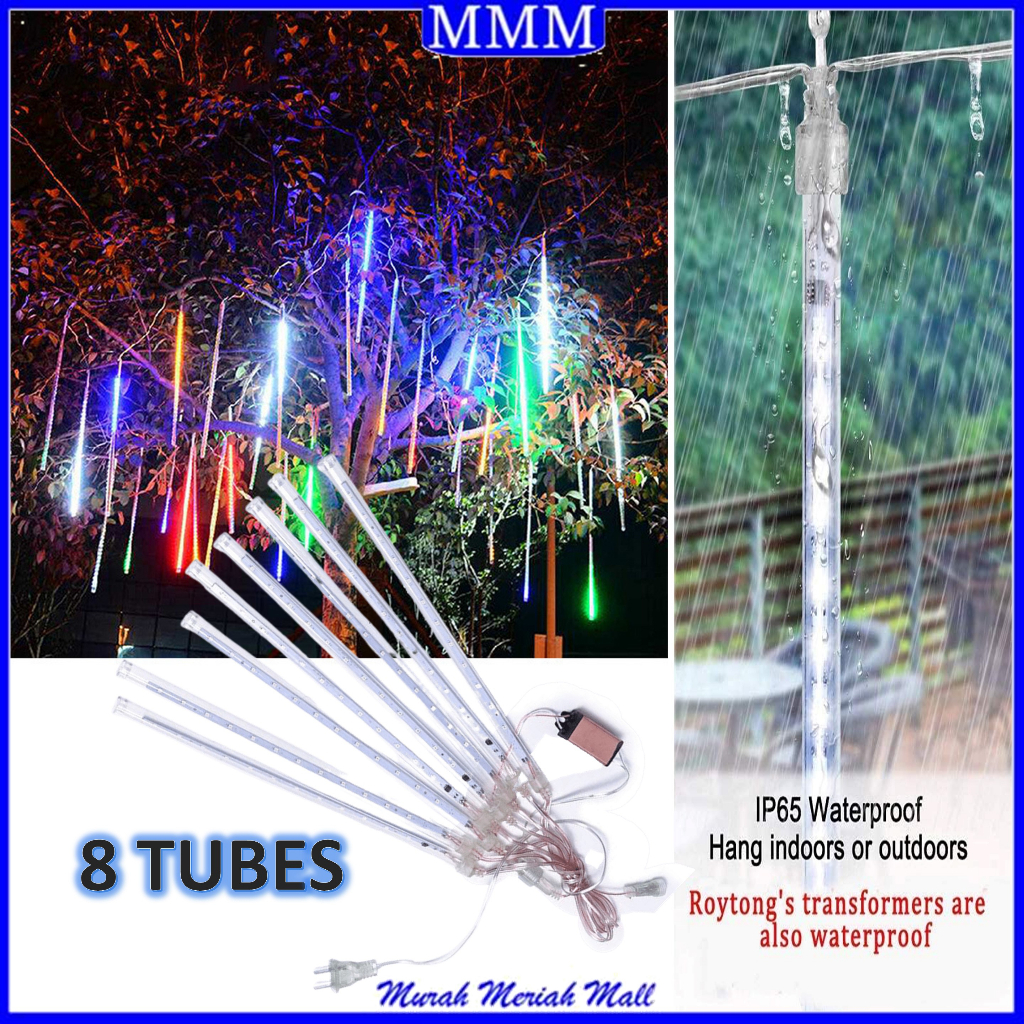 MMM Lampu Meteor LED isi 8 Tabung/45cm 30cm Lampu Meteor Set 8 Tubes 4.5Mtr Rainbow RGB Rain Snow Tongkat Taman Hias 4.3Meter Meteor Anti Air Dekorasi Pesta Natal Taman Outdoor Indor