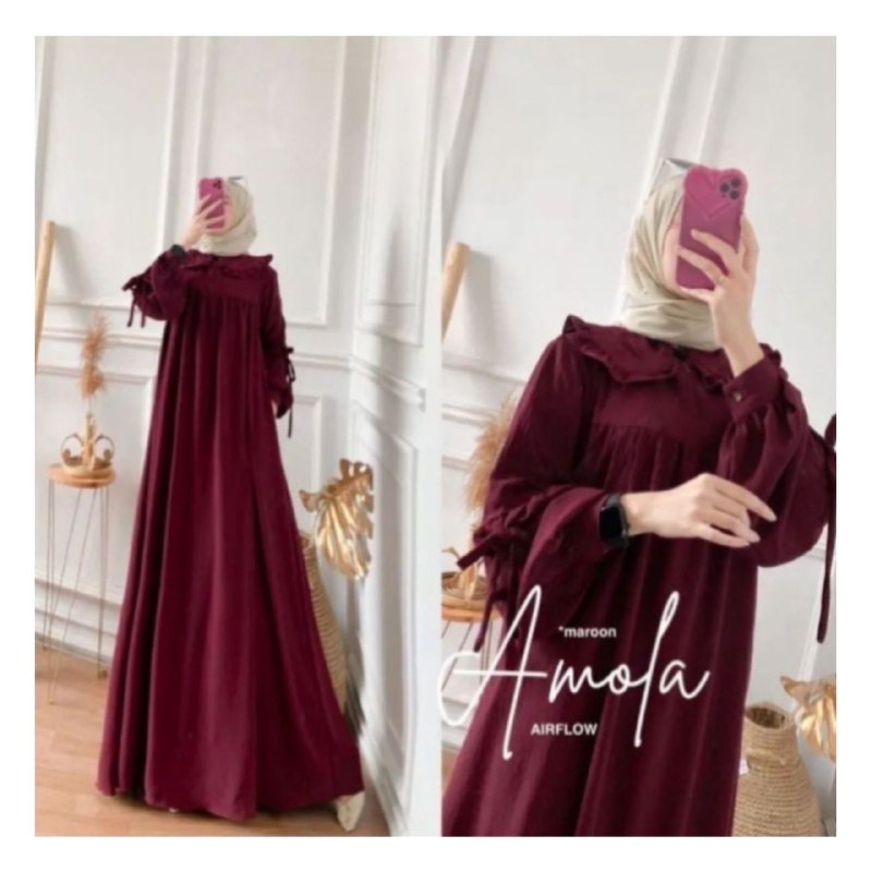 Gamis Wanita Amofa Maxi Dress Kain Crinkle Airflow Busui