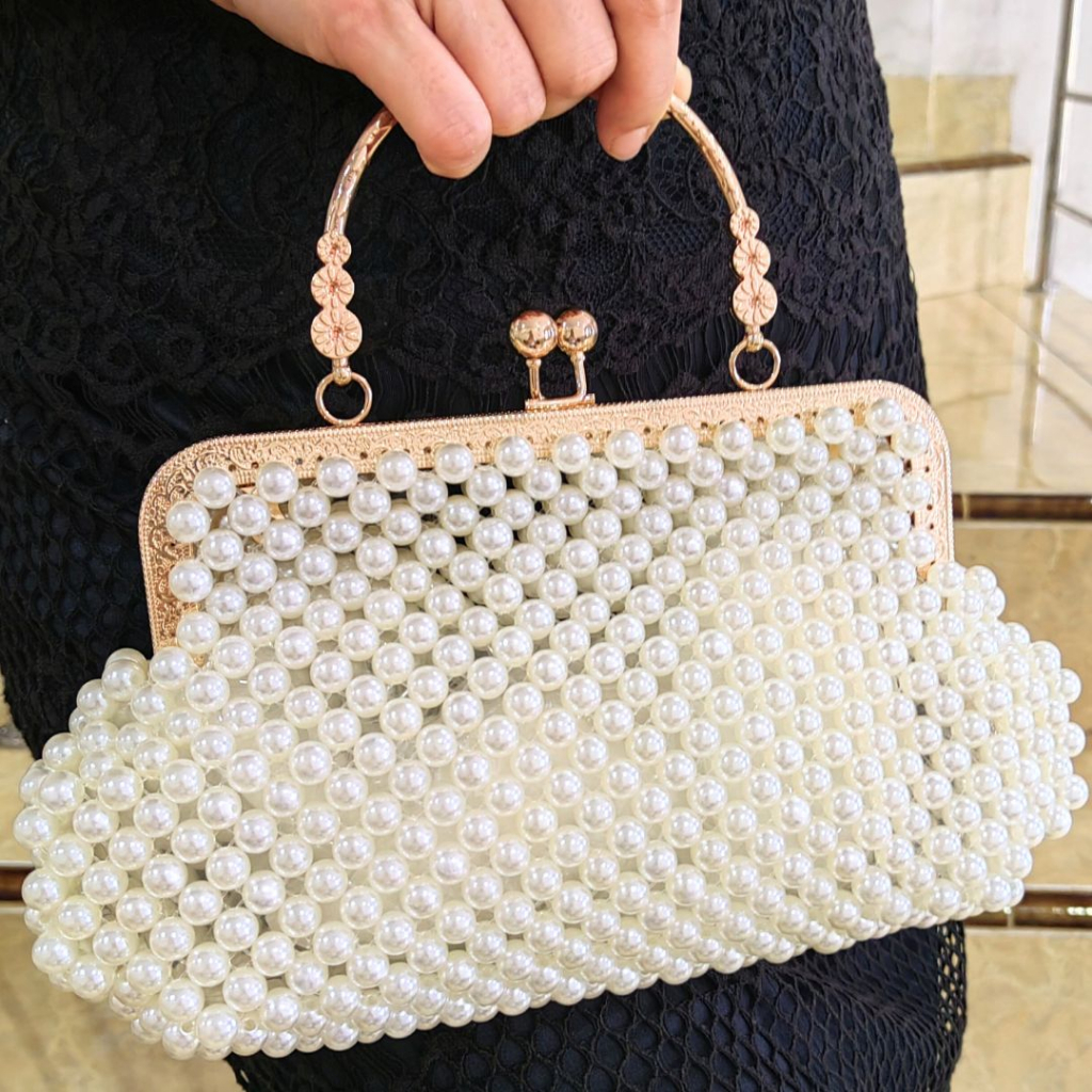 Tas Pesta Wanita Import Mewah Dompet Pesta Kondangan Mutiara Jahit Pearl Gagang Elegan 7006 KLIKSISTA