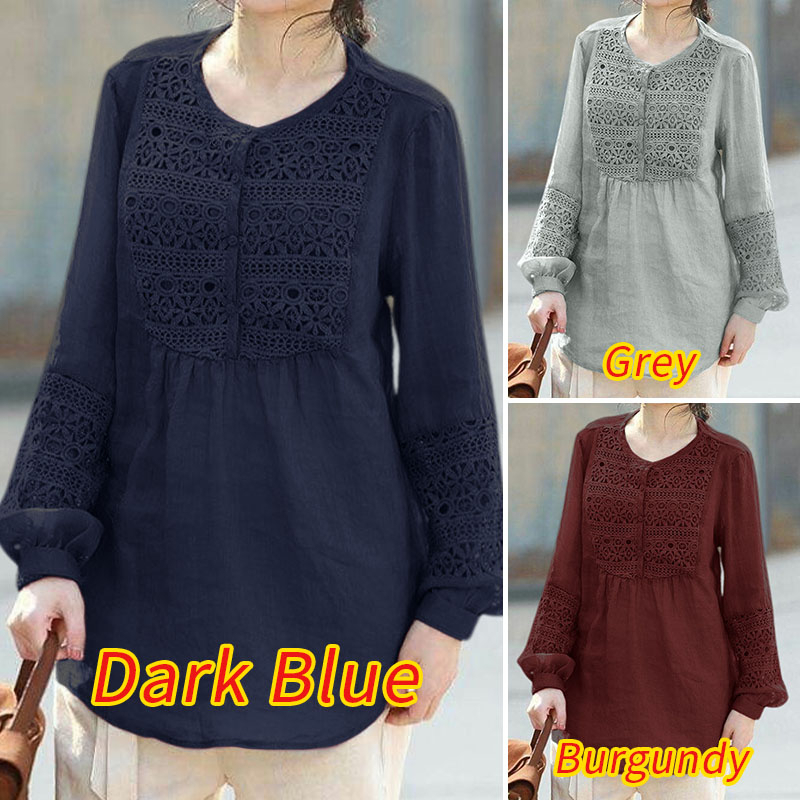 ZANZEA Women Buttons O Neck Long Sleeve Tunic Blouse Floral Lace Crochet Patchwork Tops