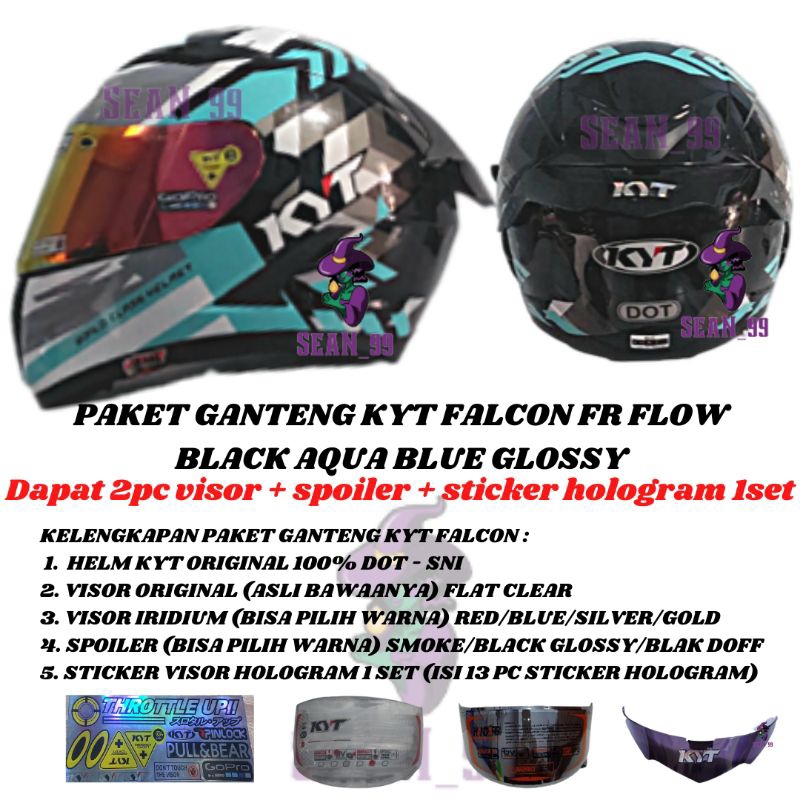 HELM KYT FALCON FR FLOW BLACK AQUA BLUE FULL FACE DOUBLE VISOR ORIGINAL SNI DOT ( PAKET GANTENG KYT 