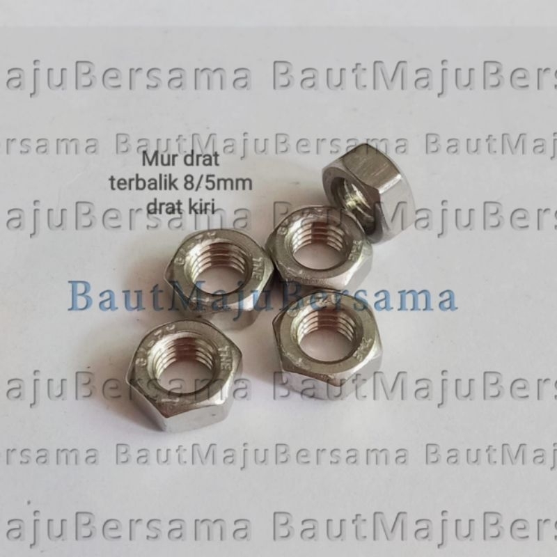 (paket 5biji) Mur drat kiri 8/5mm stainless drat 8 terbalik