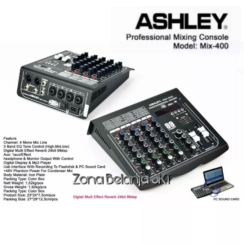 MIXER ASHLEY MIX 400 4 CHANNEL USB BLUETOOTH SOUNDCARD ORIGINAL