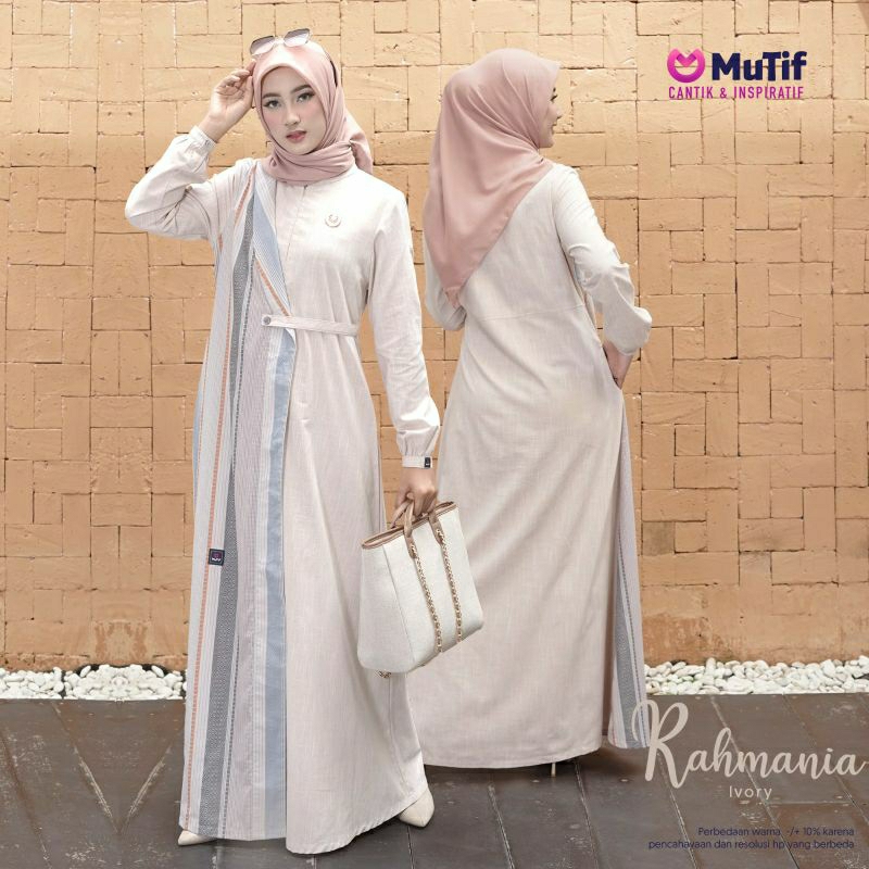 Mutif Rahmania Ivory Pastel Cream Baju Muslim Gamis Dress Casual Premium Terbaru Ori Lebaran 2023 Sarimbit