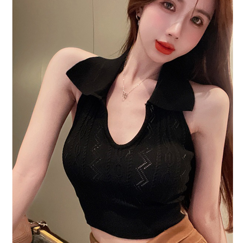 【Elegant】Solid Color Off Shoulder Halter Knitted Crop Tops  2110