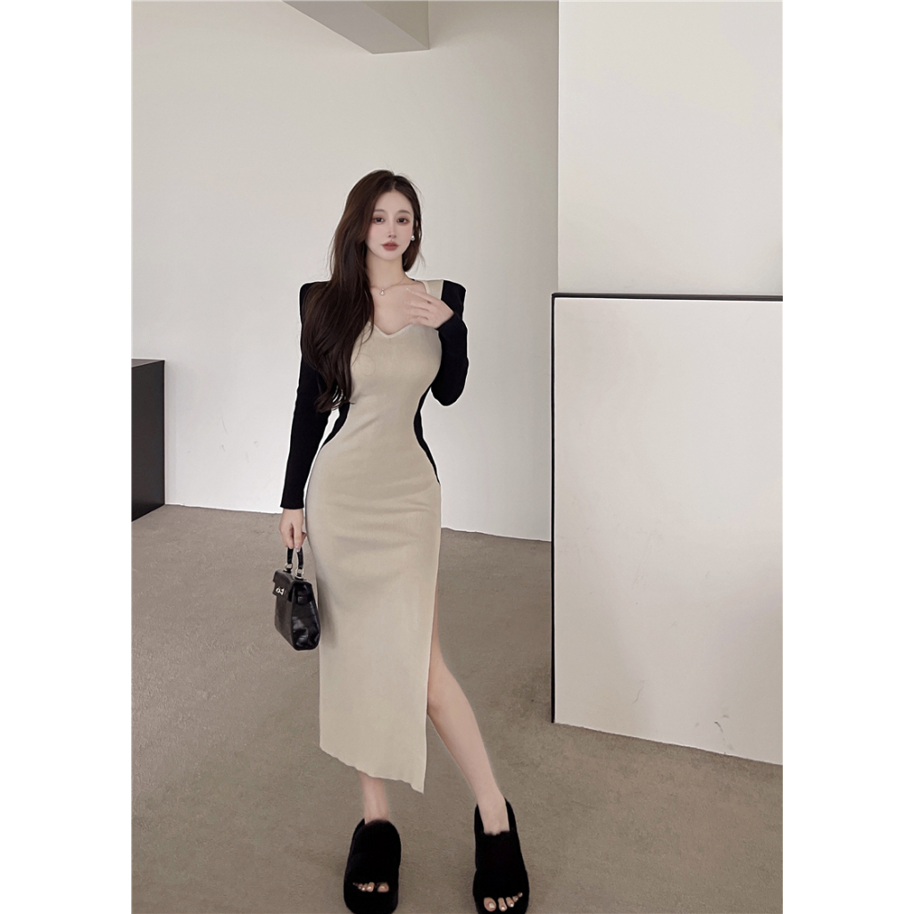 【Elegant】Bodycon High Waist V-Neck Slim Stretchy Midi Long Knit Dress 2123