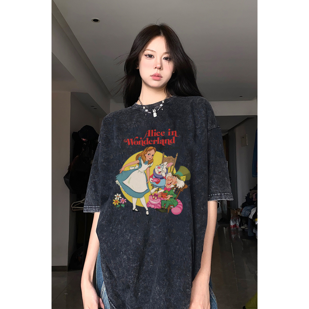 Vintage T-shirt Hitam Washed Oversize Kaos Lengan Pendek Baju Wanita Alice sleepwalking Wonderland Korean Style