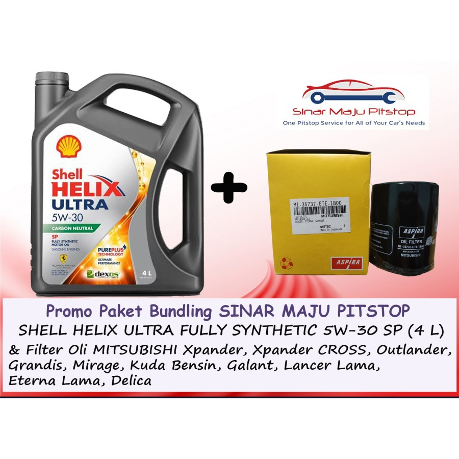 Paket Bundling Oli SHELL HELIX ULTRA HX8 5W-30 API SP Original 4 Ltr & Filter MITSUBISHI MIRAGE & GR