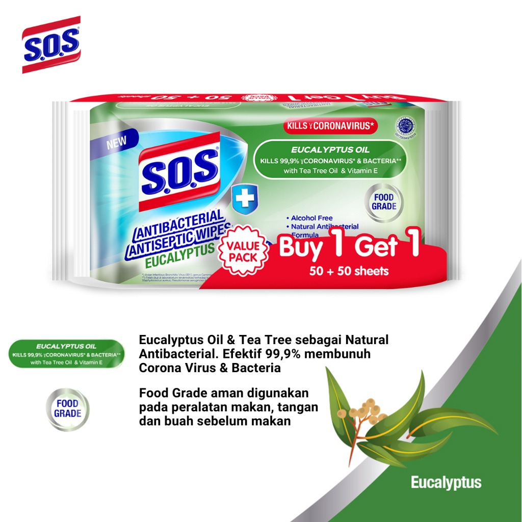 SOS Antibacterial Antiseptic Wipes Eucalyptus 50s+50s Banded