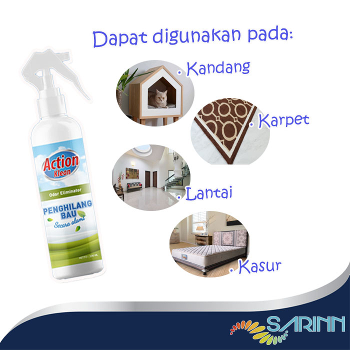 Action Klean Odor Eliminator Penghilang Bau Kotoran Pesing Pipis Hewan Kucing Anjing Manusia Secara Alami 200ml Kemasan Spray Praktis