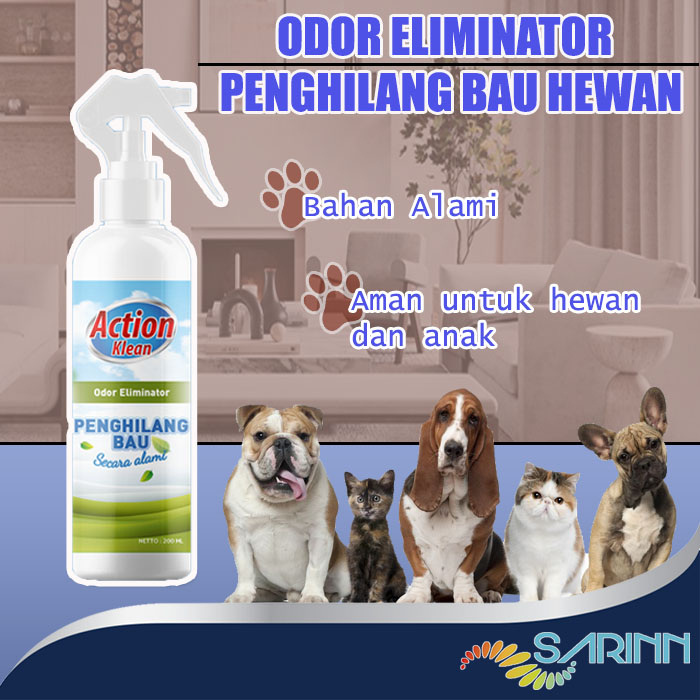 Action Klean Odor Eliminator Penghilang Bau Kotoran Pesing Pipis Hewan Kucing Anjing Manusia Secara Alami 200ml Kemasan Spray Praktis