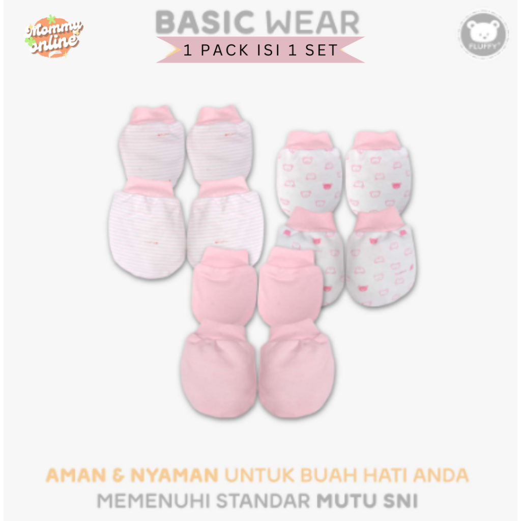 [MOMMYONLINE] FLUFFY Sarung Tangan dan Kaos Kaki RIB STKR / KARET SERUT STK 1 Set Newborn 0 - 3 bulan Warna Khaki / Abu / Pink