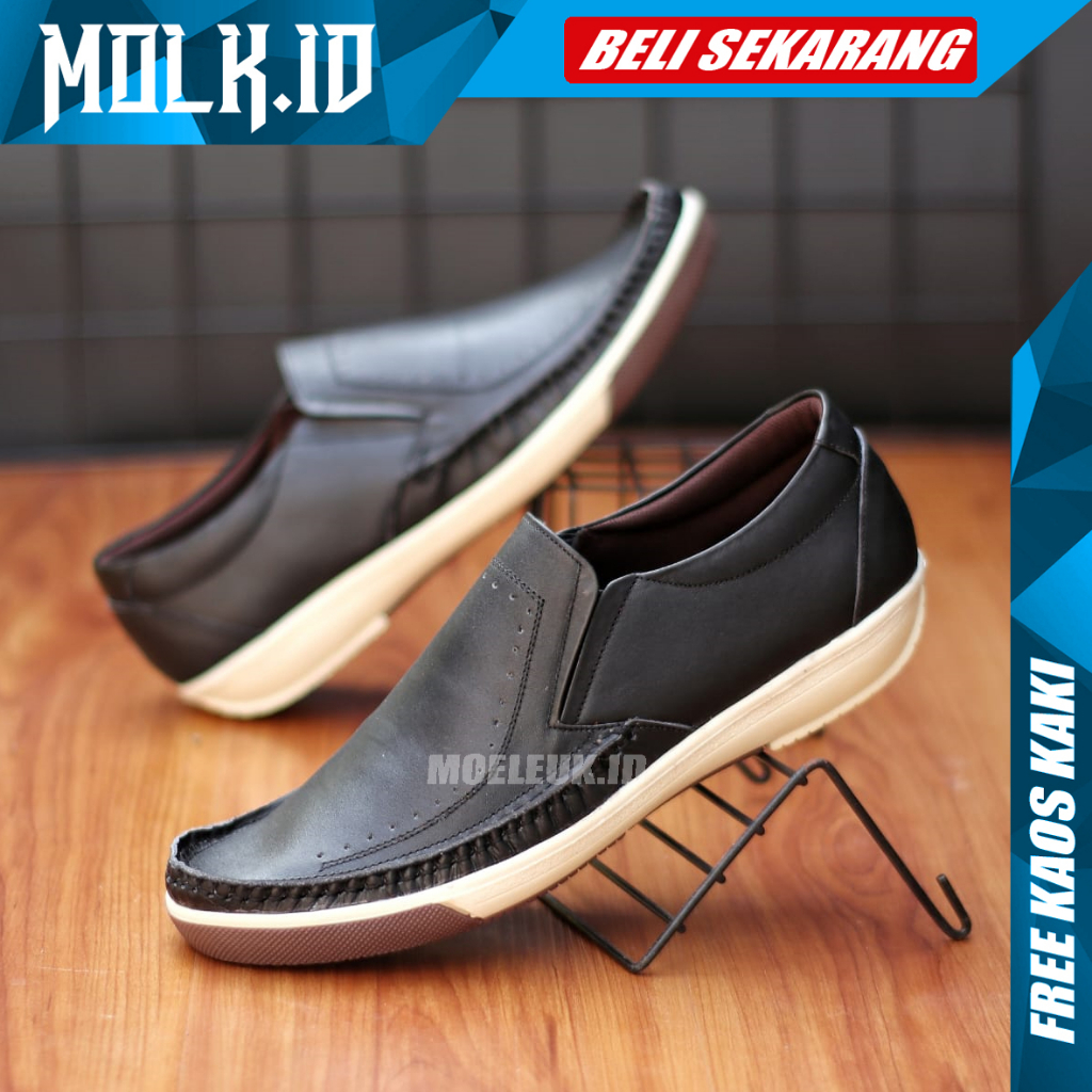 MOLK Sepatu Formal Pria Slip On Kulit Asli Pantofel Kerja Kuliah Santai Jalan Jalan