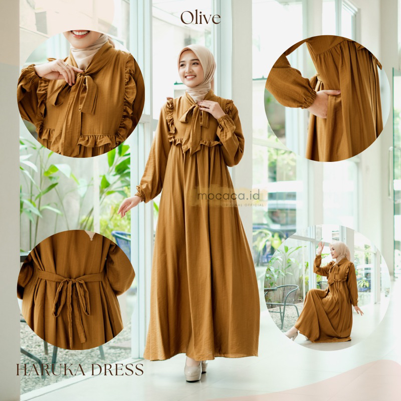 Haruka Dress remple depan pita premium saku depan denim teracota olive army putih tulang bw broken white bisa untuk semua acara mocaca