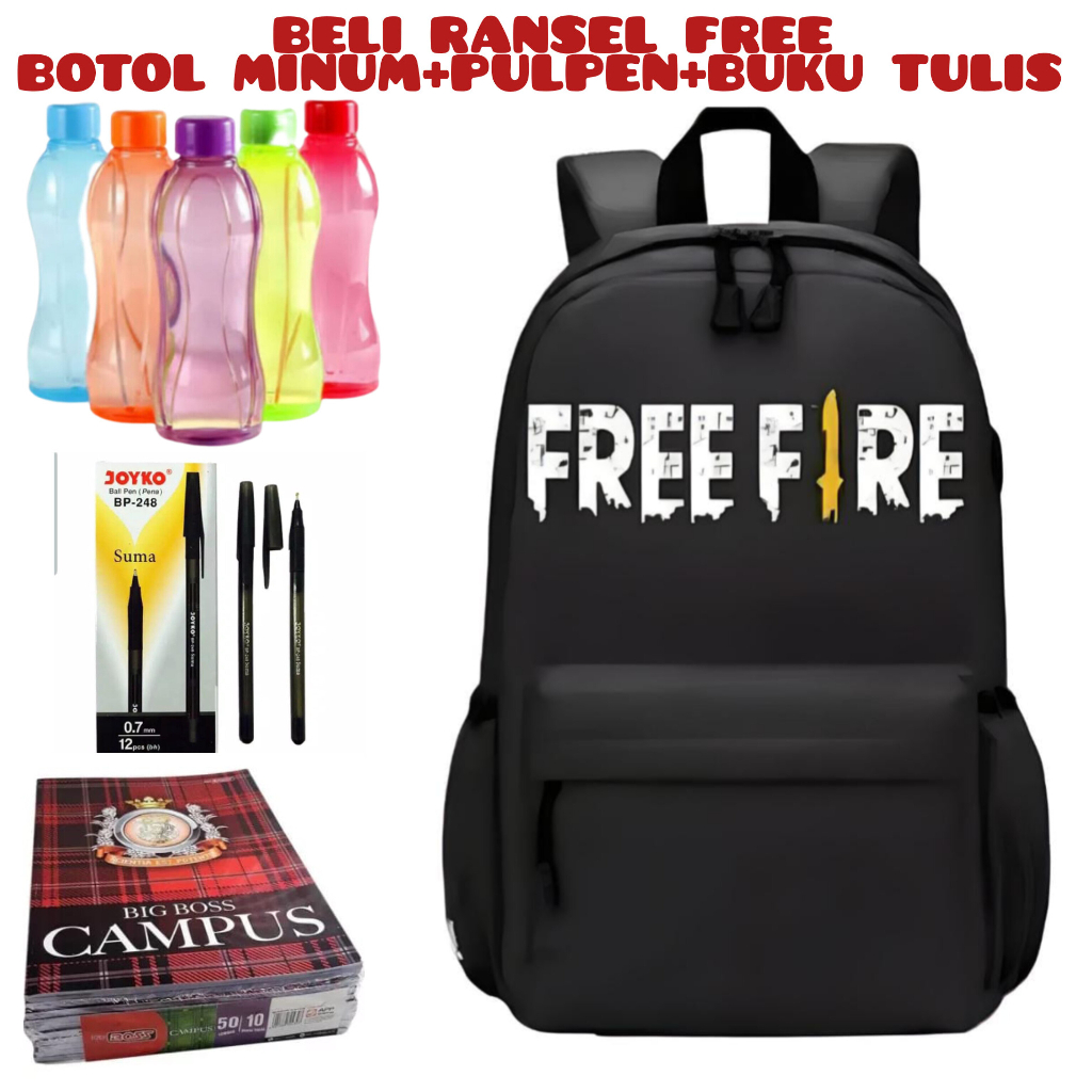 JS_  Beli 1 Dapat 4-Tas Sekolah FREEFIRE Anak Laki-Laki Anak Perempuan Backpack Sekolah Anak TK SD Beli Ransel Free Botol Minum+Pulpen+Buku Tulis