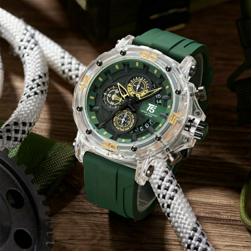 jam tangan pria T5 H4004G Tali Karet Green Date aktif Original
