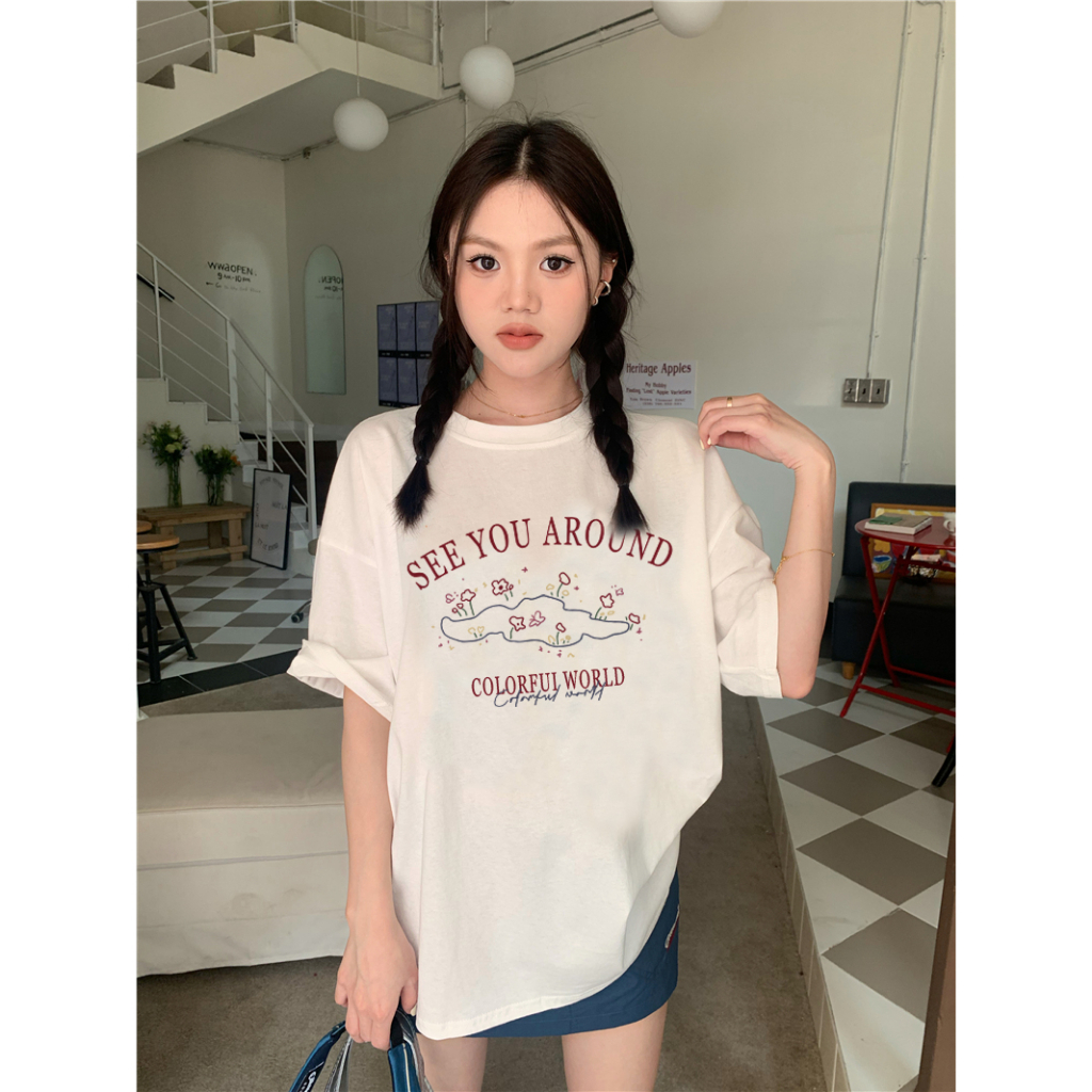 EUNII T-shirt Lengan Pendek Cartoon See You Around Korean Style/Kaos Atasan Wanita/Baju Kaus Oversize Wanita/Kaos Wanita