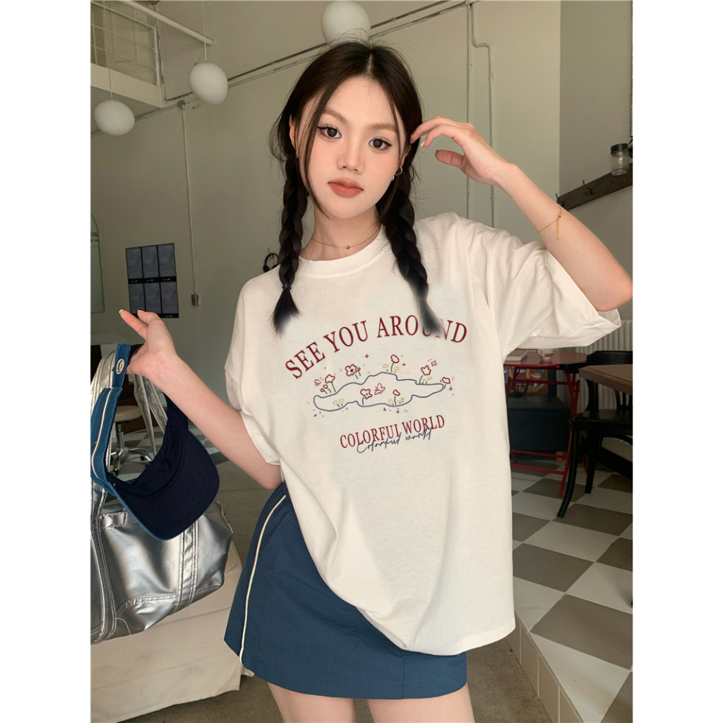 EUNII T-shirt Lengan Pendek Cartoon See You Around Korean Style/Kaos Atasan Wanita/Baju Kaus Oversize Wanita/Kaos Wanita